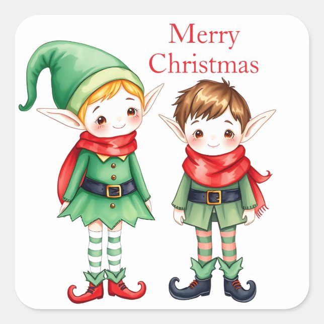 Sticker Carré Petite aquarelle Joyeux elfes de Noël (Devant)
