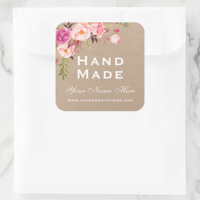 Sticker Carré Petite Aquarelle Rose Faite À La Main (Sac)