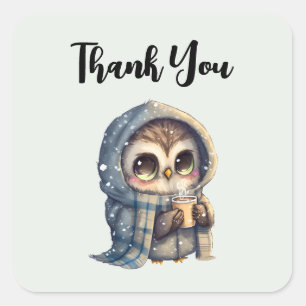 Sticker Carré Petite chouette à gros yeux tenant un Merci de caf