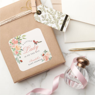 Sticker Carré Petite Dame Coccinelle Roses Fille Baby Shower