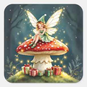 Sticker Carré Petite Fée de Noël sucrée sur Champignon