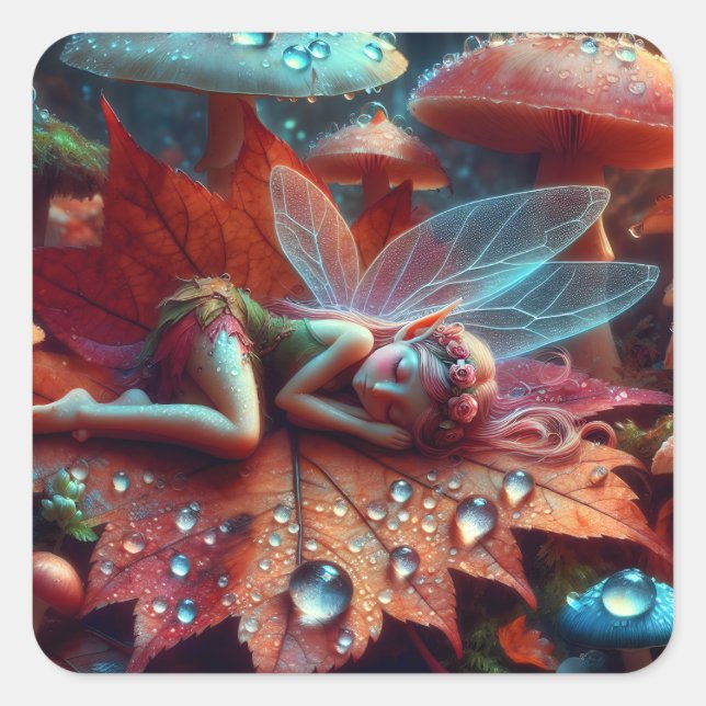 Sticker Carré Petite fée Whimsical dormant sur une feuille (Devant)
