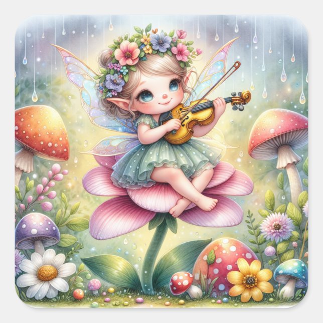 Sticker Carré Petite fille Anime avec Violon sur Champignons (Devant)