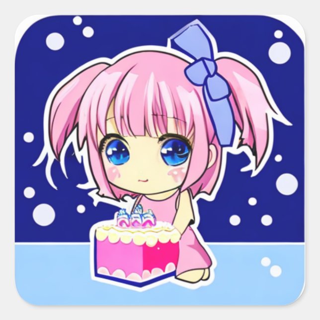 Sticker Carré Petite fille Anime mignonne avec gâteau d'annivers (Devant)