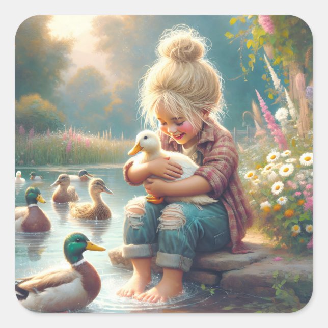 Sticker Carré Petite fille avec canards (Devant)