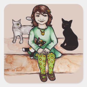 Sticker Carré Petite fille avec chats