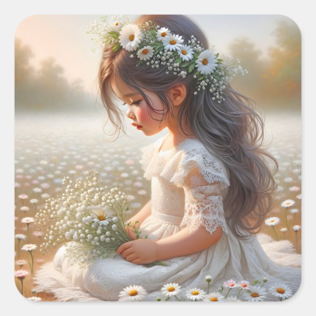 Sticker Carré Petite Fille Dans Un Champ De Faisée (Devant)
