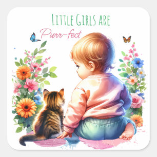 Sticker Carré Petite fille et chaton   Baby shower aquarelle