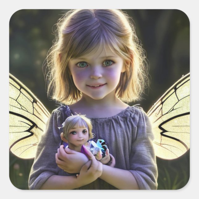 Sticker Carré Petite fille fée éthérée mignonne avec poupée (Devant)