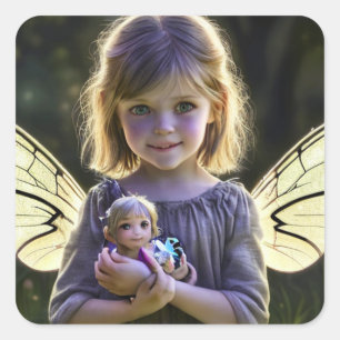 Sticker Carré Petite fille fée éthérée mignonne avec poupée