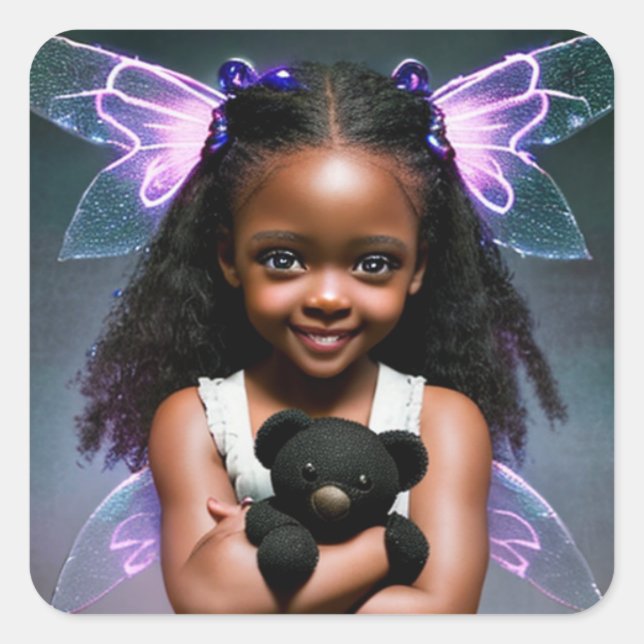 Sticker Carré Petite fille fée mignonne avec ours en peluche (Devant)