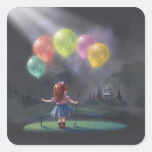 Sticker Carré Petite fille mignonne avec des ballons