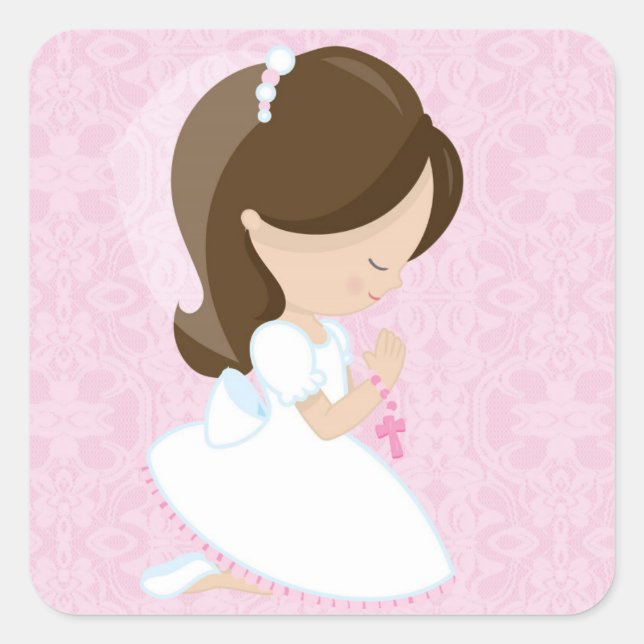 Sticker Carré Petite fille, rose, première communion (Devant)