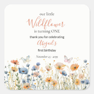 Sticker Carré Petite Papillon Fleur Sauvage Prairie 1er Annivers