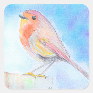 Sticker Carré Petite peinture à l'aquarelle Robin