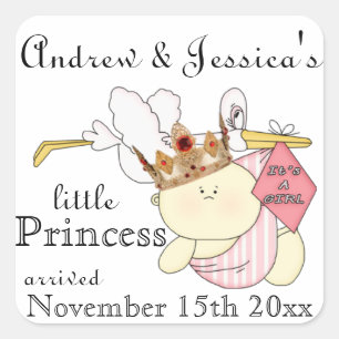 Sticker Carré Petite Princesse-Cigogne/noms/dates de