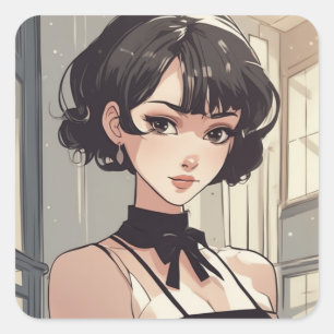Sticker Carré Petite robe noire inspirée par l'Anime