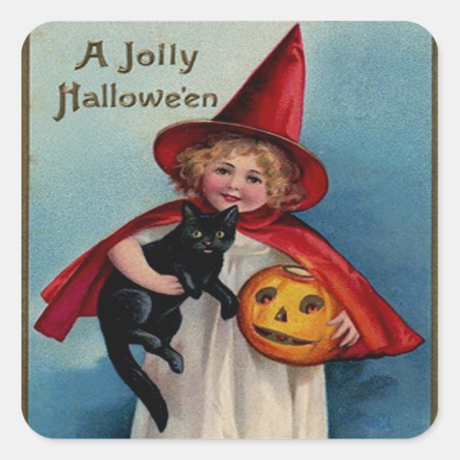 Sticker Carré Petite sorcière avec son chat noir (Devant)
