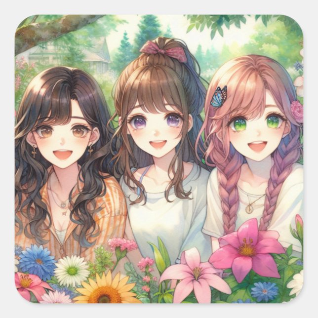 Sticker Carré Petites Filles Anime (Devant)