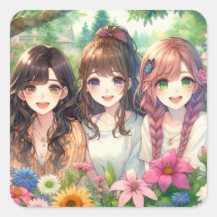 Sticker Carré Petites Filles Anime