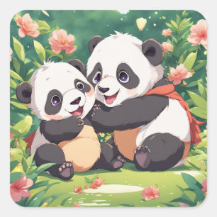 Sticker Carré Petits Pandas Plaisants - Style Anime