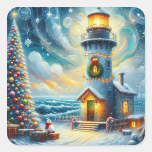 Sticker Carré Phare de Noël Arbre Nautique Bleu Côtier