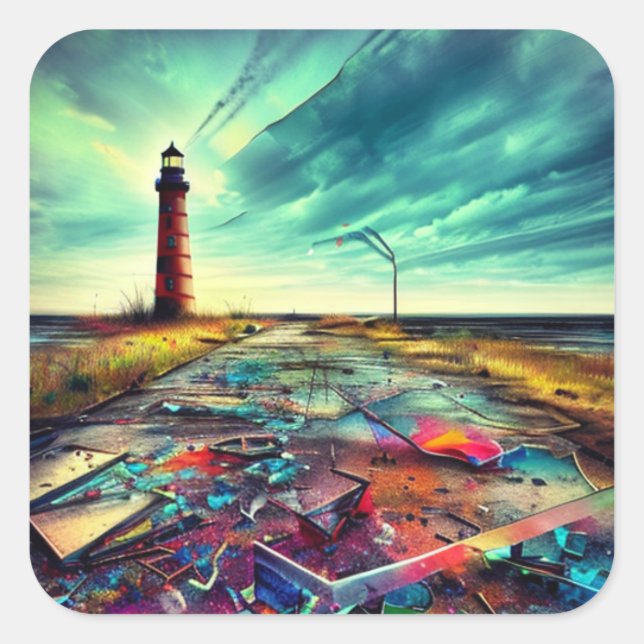 Sticker Carré Phare délimité sur une plage abandonnée (Devant)