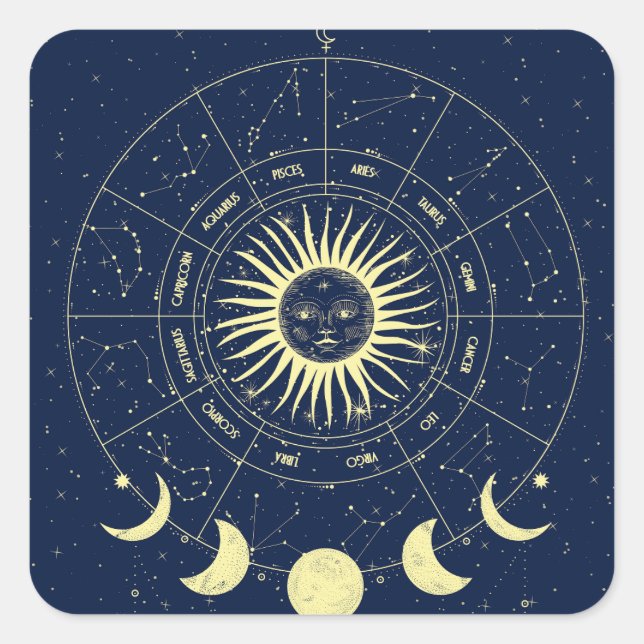 Sticker Carré Phases de la lune solaire céleste Zodiac (Devant)