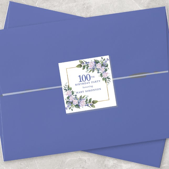 Sticker Carré Phoque bleu blanc floral 100e Anniversaire Envelop (Créateur téléchargé)
