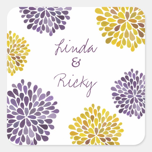 Sticker Carré Phoque Mariage Dahlias violet et jaune (Devant)