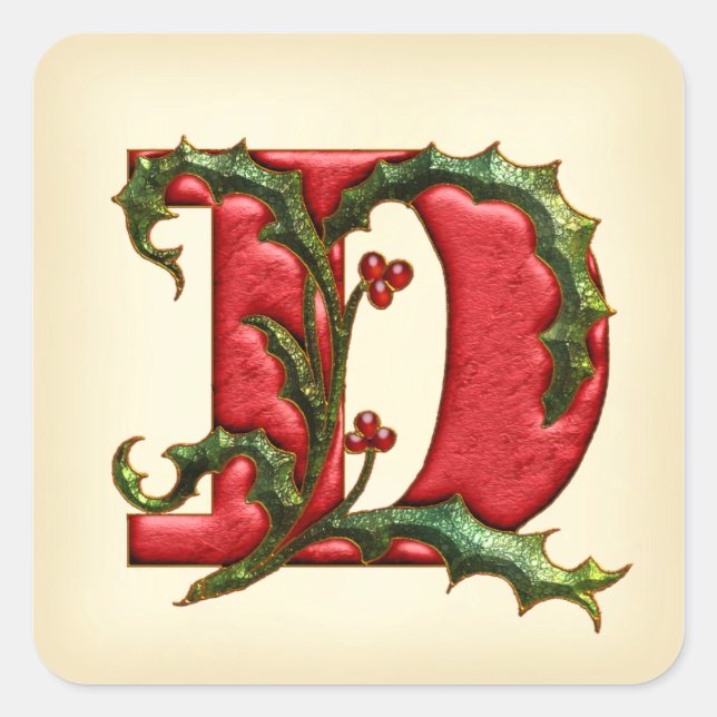 Sticker Carré Phoques d'enveloppe de Noël Holly Monogram D (Devant)