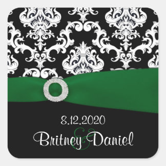 Sticker Carré Phoques d'enveloppe Mariage damassé vert et noir