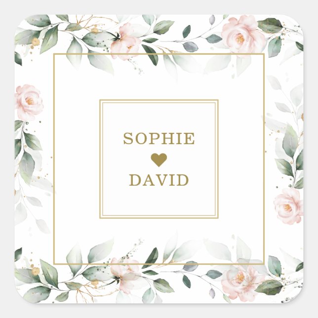 Sticker Carré Phoques d'enveloppes de Mariage à fleurs rose (Devant)