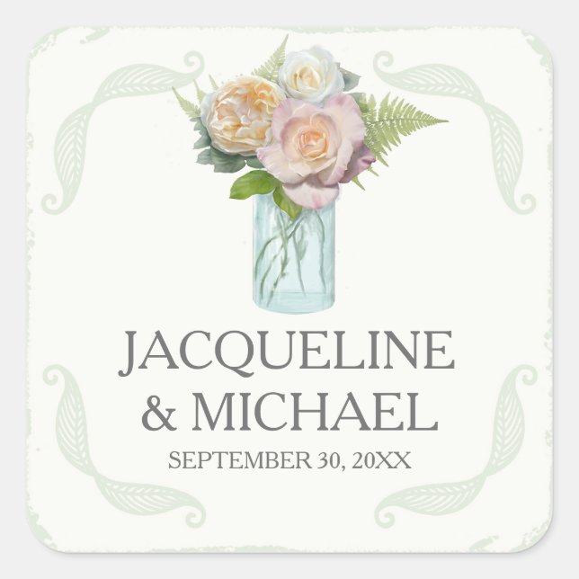 Sticker Carré Phoques Fleurs rustiques Mason Jar Typographie (Devant)