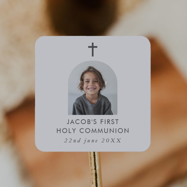 Sticker Carré Photo Arched First Communion Boy Merci (Zazzle Arched Photo First Communion Boy Thank You Square Sticker)