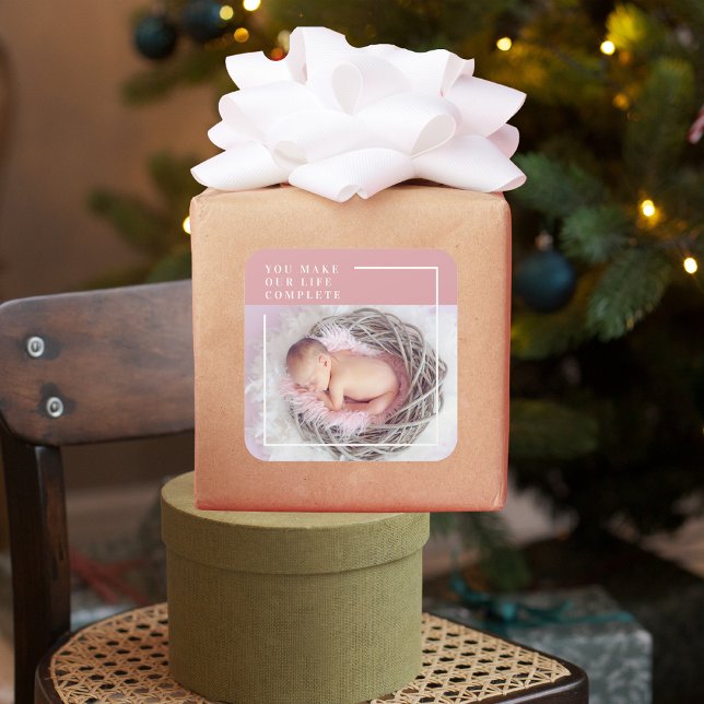 Sticker Carré Photo bébé mignonne moderne | Rose et blanc | Devi (Créateur téléchargé)