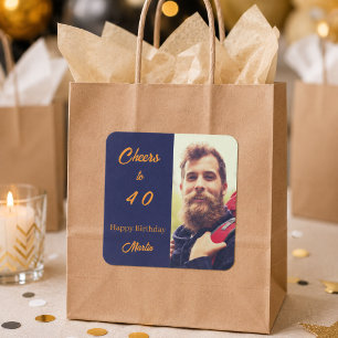Sticker Carré Photo d'anniversaire bleu or acclamations hommes