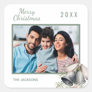 Sticker Carré Photo de famille de Noël blanc cloches vertes