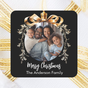 Sticker Carré Photo de famille de Noël en or noir Bauble