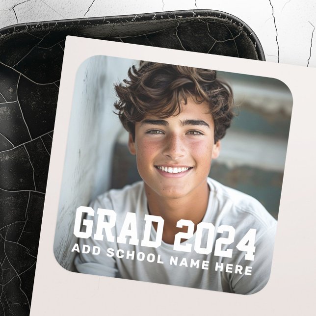 Sticker Carré Photo de la promotion de l'année de fin d'études o (Photo grad class of year name or school graduation square sticker)
