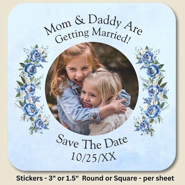 Sticker Carré Photo de vos enfants Maman Papa se marient Bleu Pe (Créateur téléchargé)