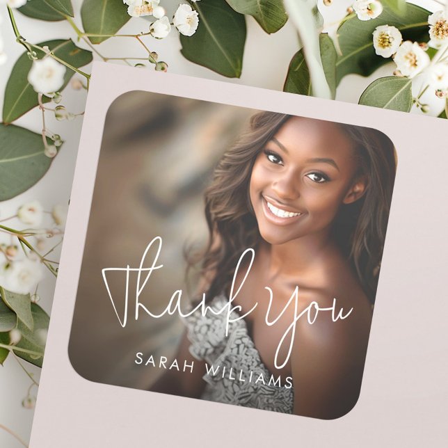Sticker Carré Photo moderne script graduation merci (Photo modern script graduation thank you square sticker)