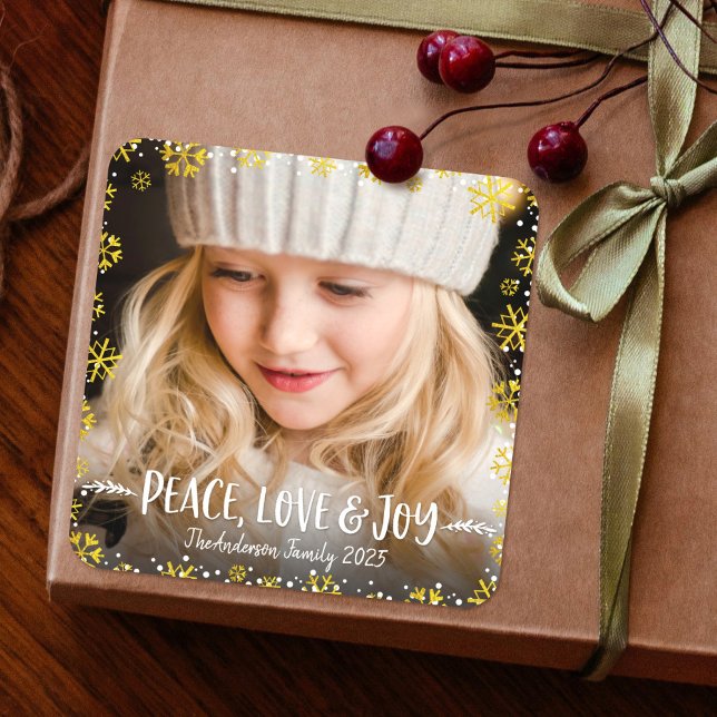 Sticker Carré Photo Peace Love Joy Gold Snowflake (Créateur téléchargé)