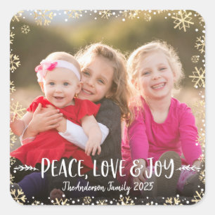 Sticker Carré Photo Peace Love Joy Gold Snowflake Elegant Custom