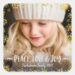 Sticker Carré Photo Peace Love Joy Gold Snowflakes Modern Custom
