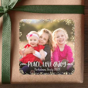 Sticker Carré Photo Peace Loy Joy Gold Snowflake Elégant Custom