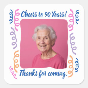 Sticker Carré Photo personnalisée Cheers à 90 Ans Streamers