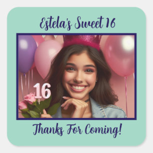 Sticker Carré Photo personnalisée Sweet 16e anniversaire Merci