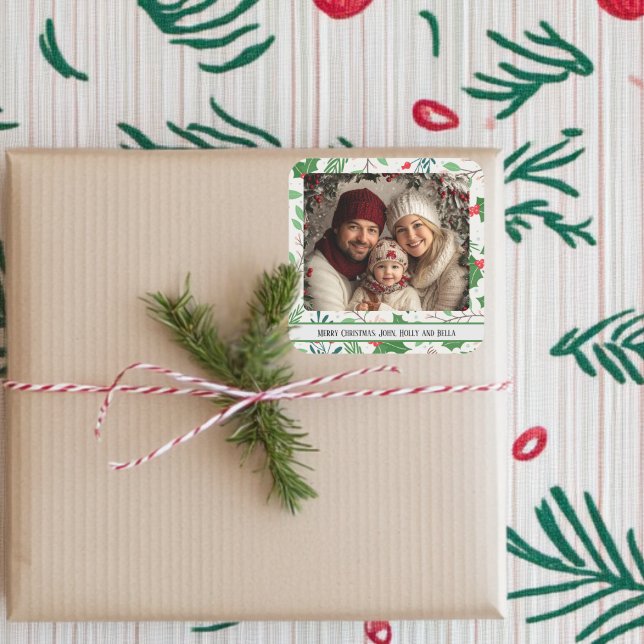 Sticker Carré Photo Saint et Joie (Holly Christmas Square Photo Sticker)