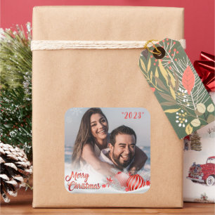 Sticker Carré Photo Snowflake Joyeux Noël Personnalisé Rouge